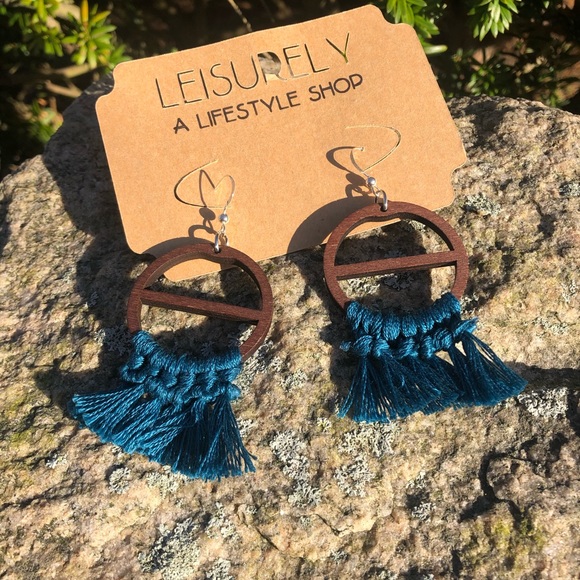 Teal Tassel Earrings | Dark Wood, Cotton & Silver - Picture 7 of 11